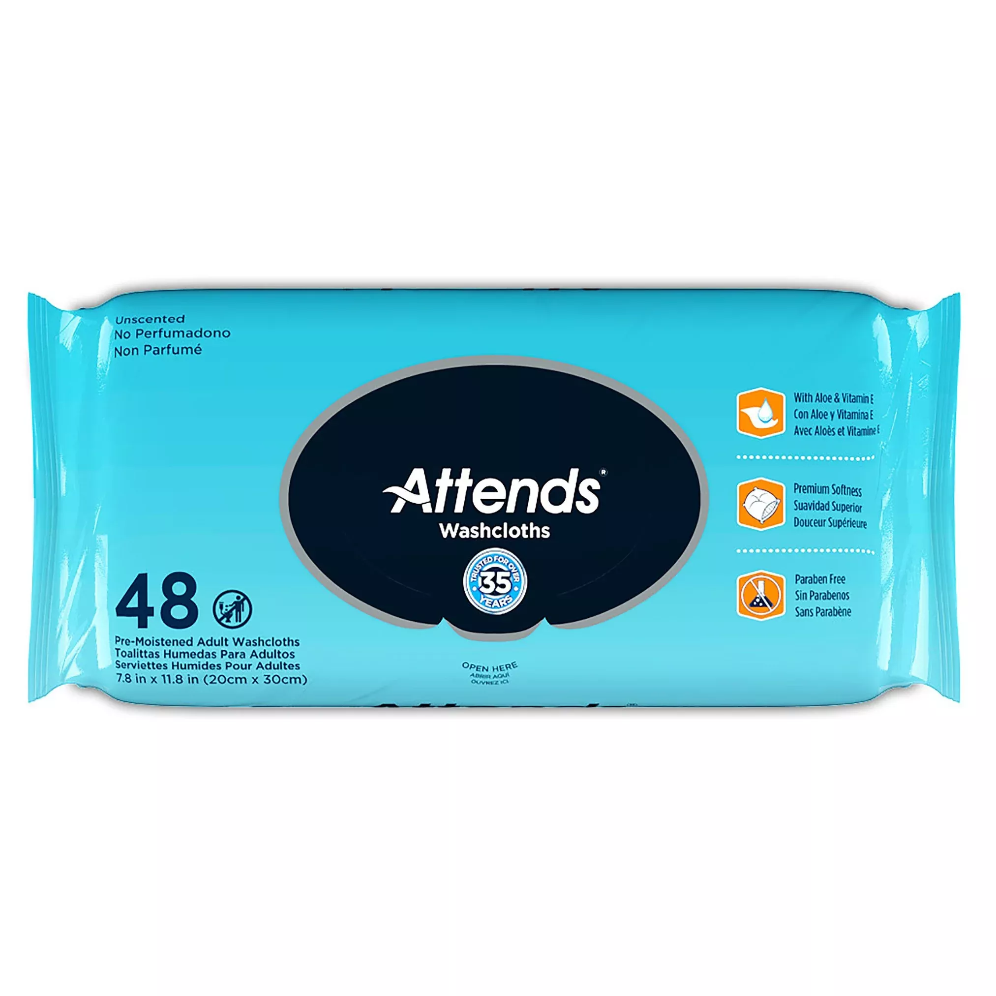 Attends Unscented Washcloths, 48 Count Soft Pack