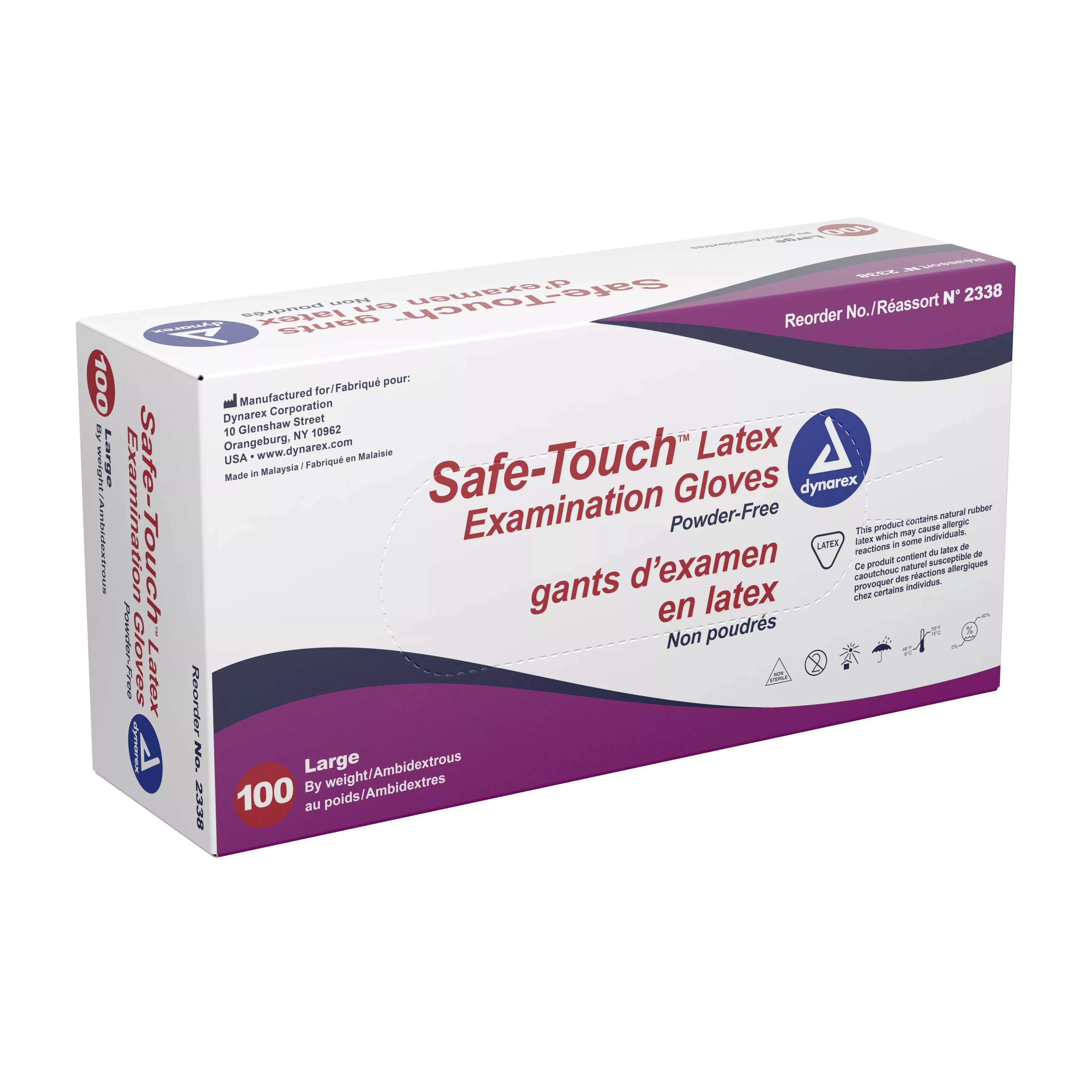 Dynarex 2338 Safe-Touch Latex Exam Glove, Large, Ivory