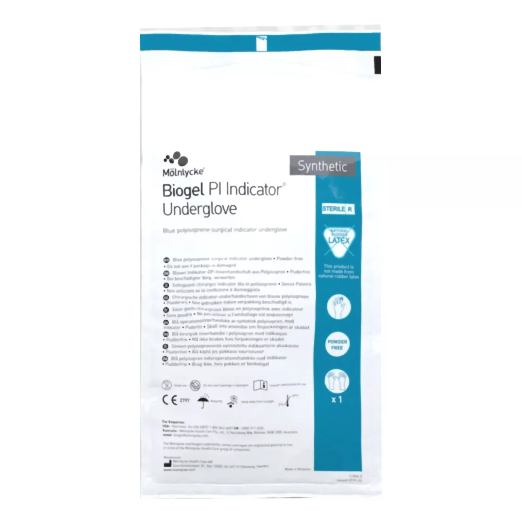 Molnlycke 41685 Biogel PI Indicator Polyisoprene Surgical Underglove, Size 8.5, Blue