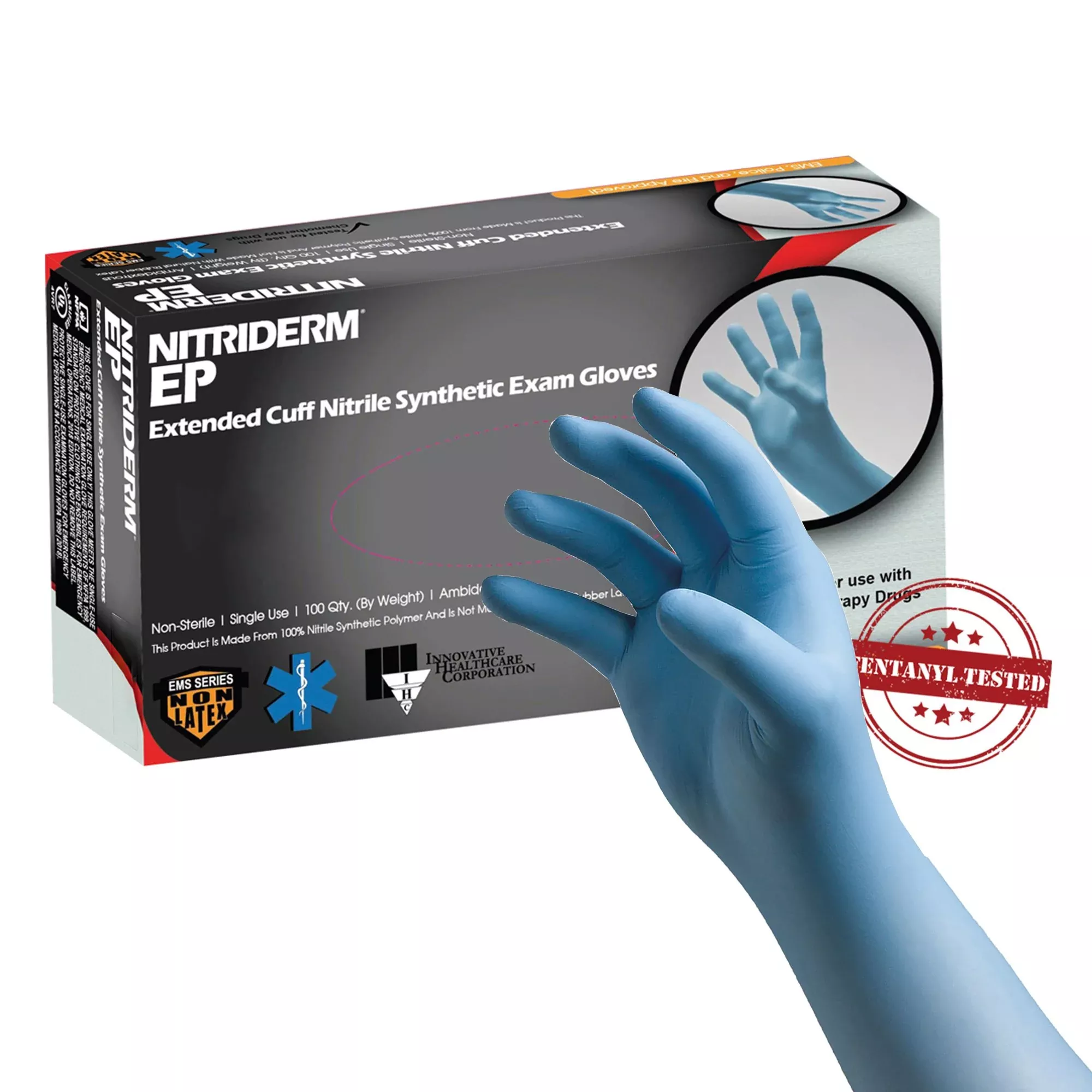 NitriDerm EP Nitrile Extended Cuff Length Exam Glove, Large, Blue