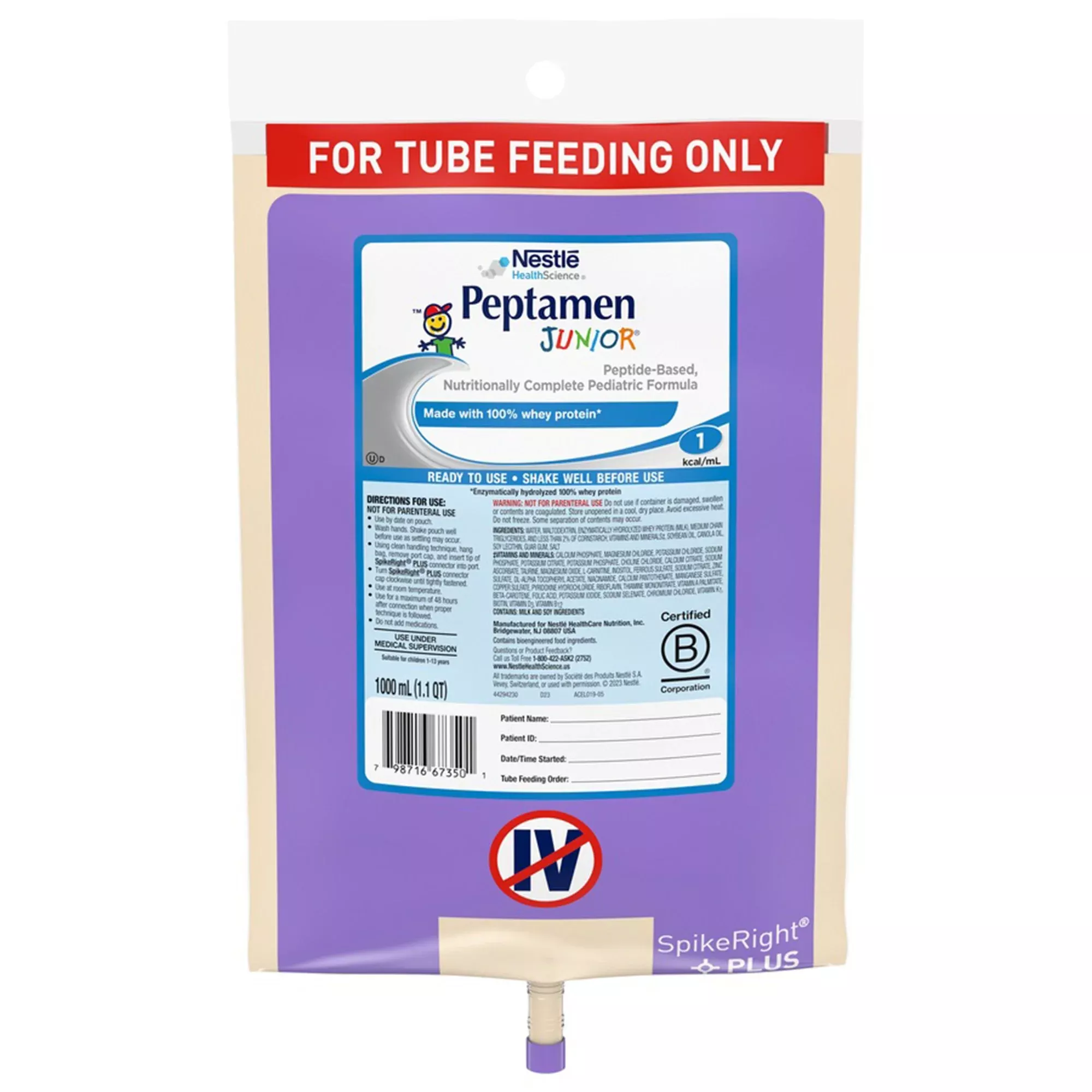 Peptamen Junior Pediatric Tube Feeding Formula, 1000 mL Bag