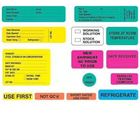 Reagent Labels Concurrent testing of this kit or reagent is complete and acceptable" - Green with black text and blank areas for Rec'd, Lot, Exp. Date, and more - 3.5"W x 0.875"H