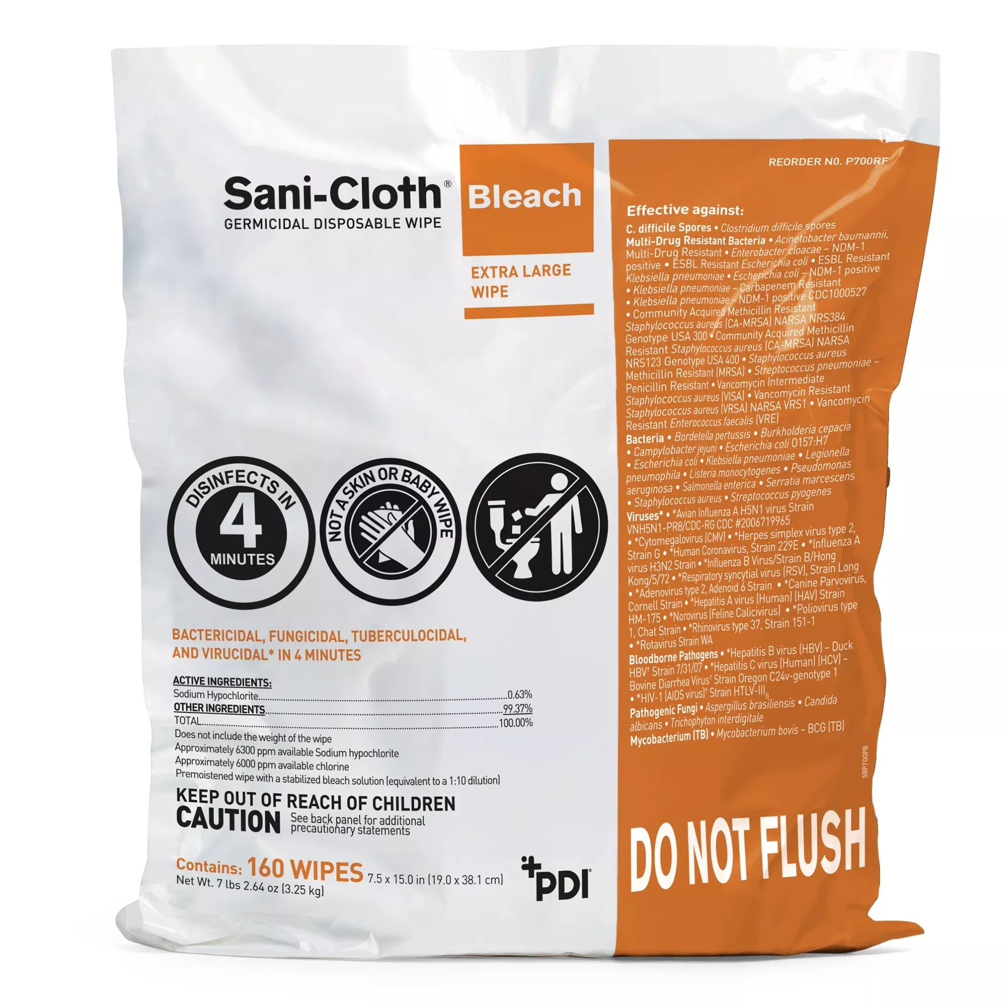 Sani-Cloth Bleach Germicidal Extra Large Disinfectant Wipes, 7.5 x 15 Inch