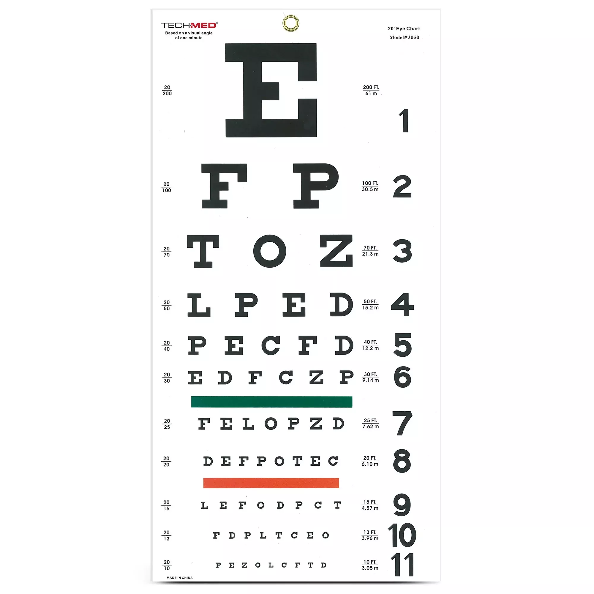 Tech-Med Snellen Eye Test Chart, Wall Mounted, Matte Finish, 11 x 22 Inch